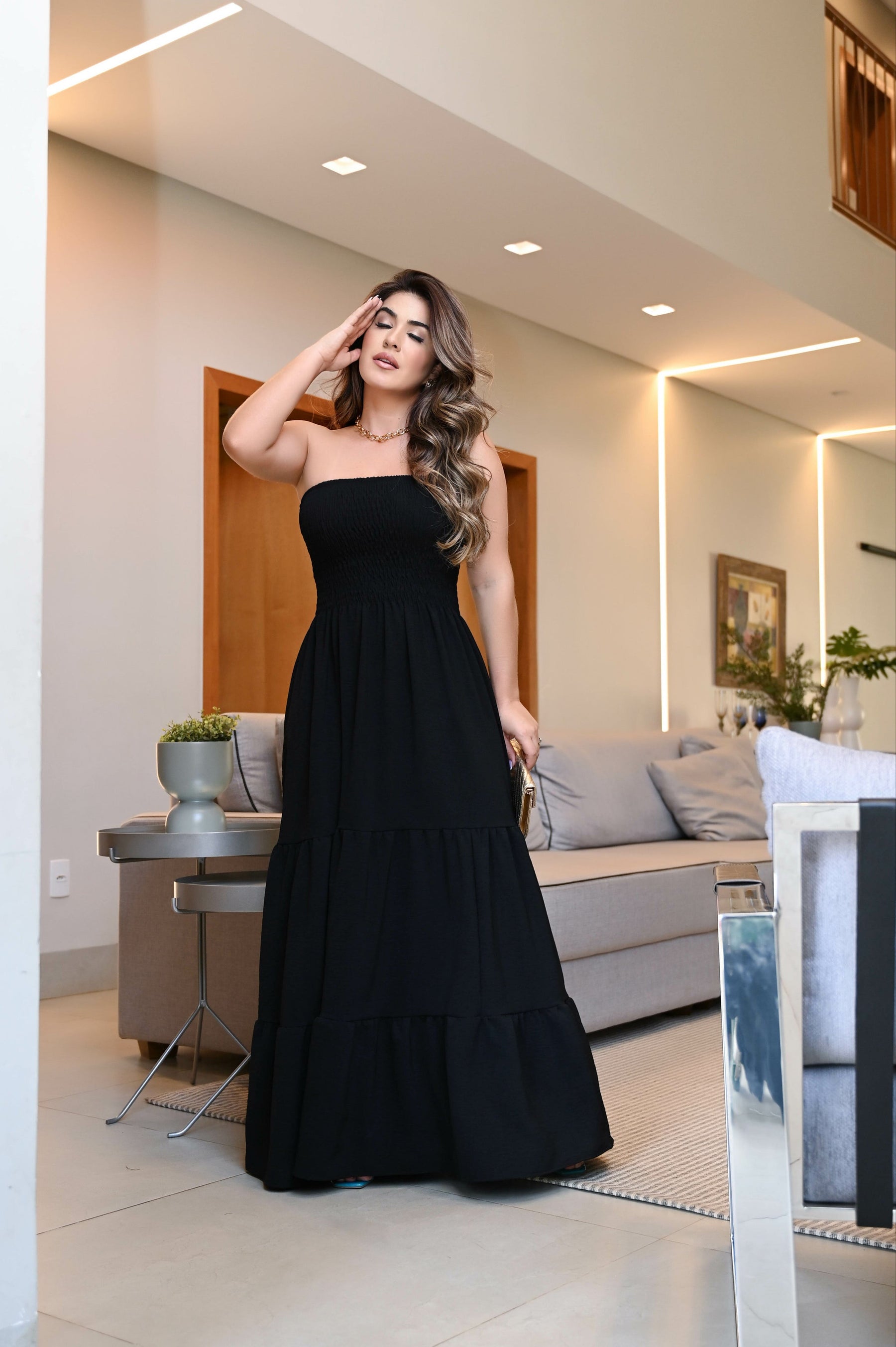 Vestido longo lastex preto - B81